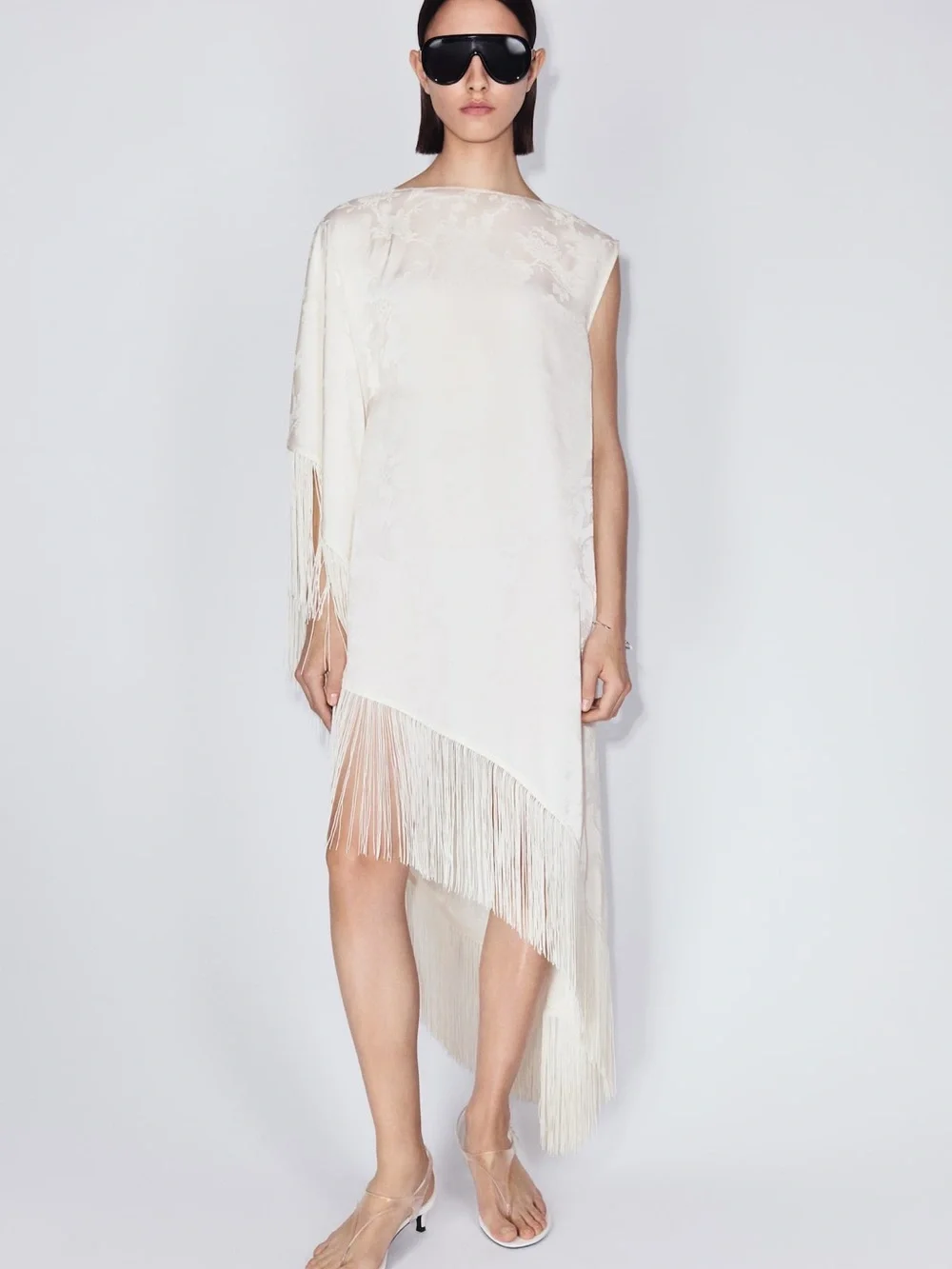 H&M Cream Fringed One-Shoulder Asymmetric Kaftan Midi Dress - Large NWT - Picture 2 of 7
